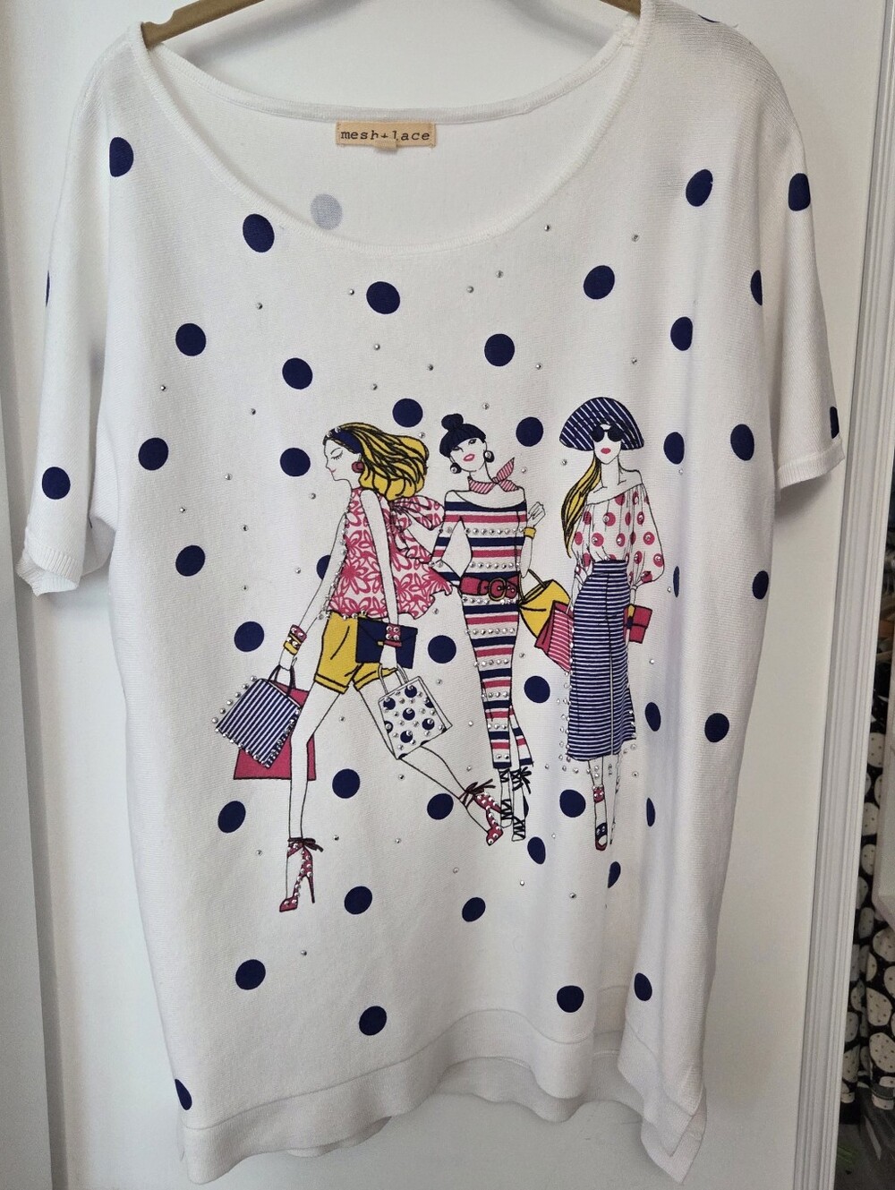 Mesh+lace White Polka Dot Graphic Tee with Fashion Girl Print - Picture 7 of 7
